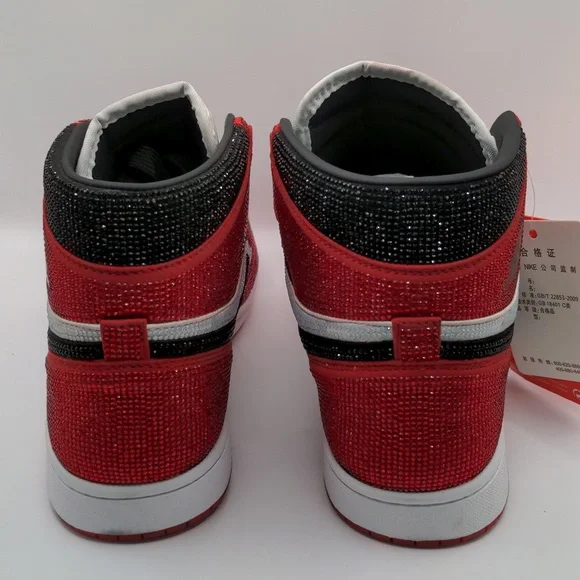 New Custom Crystal Iced Sneakers Red/White/Black Unbranded Bedazzled Sz 6 - Picture 4 of 16